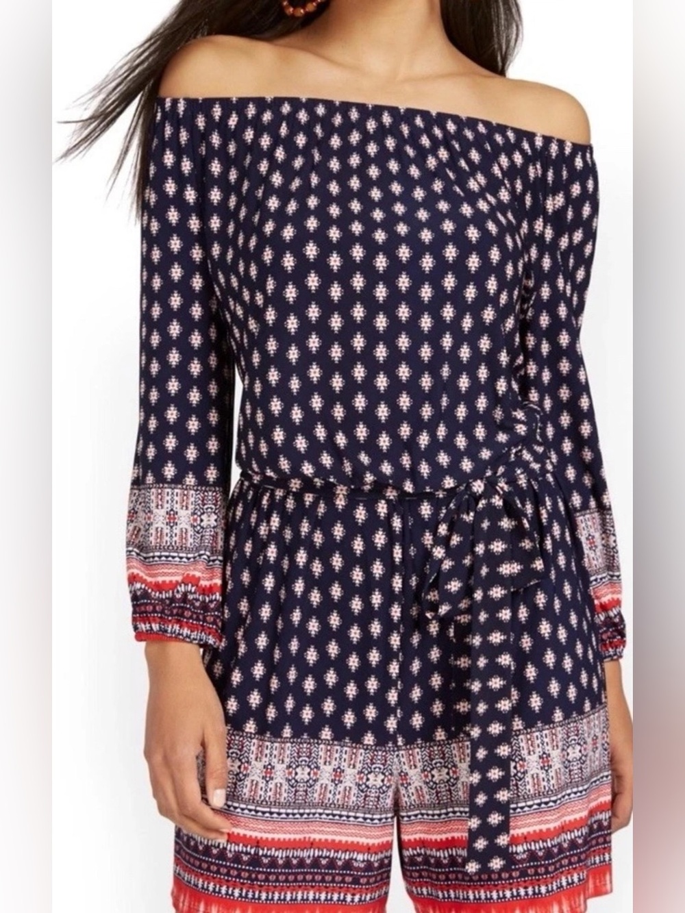 New York & Company Navy Print Tie-Waist Romper